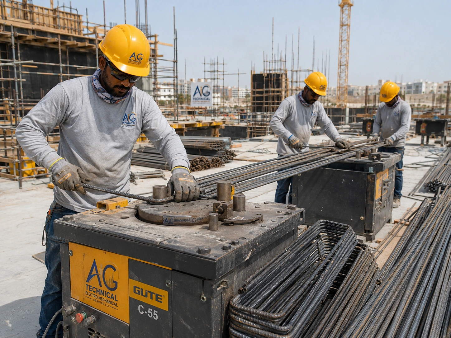 Workers tying rebar framework